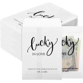 100 حزمة حفلات الزفاف للضيوف Glassine Envelope Lucky in Love Small Tickety Tickets حامل بطاقة الخدش مع رسالة شكرًا لك على دش الزفاف ، 4.72 × 3.36 بوصة