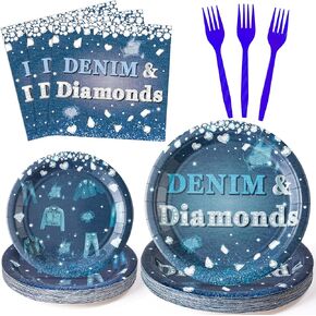 K1TPDE DENIM و Diamonds Party Tableware - 96pcs Denim موضوع سترة جينز أدوات المائدة الجينز تضمنت لوحات ورقية مناديل وشوكات ، لوازم حفلات عيد ميلاد كريستال لزواج زفاف البكالوريوس ، 24 مجموعة