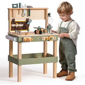Robotime Wooden Kids Tool Bench ، Toddler Tool Bench - Toy Play Workbench Workshop مع حزام الأدوات ، مجموعة أدوات اللعب ، ورق الرسم للبناء ، مثالي للأطفال الذين تتراوح أعمارهم بين 3-5