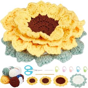 Origach 4 PCS Sunflower Coaster Coaster Kit ، Coaster Knitting Crochet مجموعة للمبتدئين البالغين ، أدوات ملحقات الكروشيه الكاملة مع خطافات الكروشيه والغزل والتعليمات والفيديو