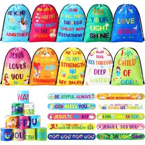 Frienda 20 Pcs Bible Verse Party Favors Includes Jesus Loves You Drawstring Backpack Bags with Christian Slap Bracelets for Easter Religious Gifts Sunday School Classroom Prizes Supplies(Classic)