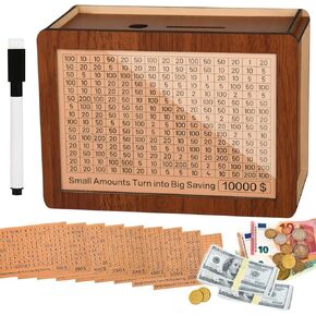 Money Saving Box 1PC, Wooden Money Box Alcancias De Dinero para Adultos, Cash Saving Box for Adults Kids, 10k Savings Challenge Box with Reusable Stickers Multiple Saving Goals