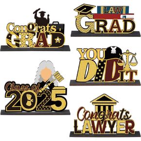 GEETERY 5 PCS محامي التخرج زخارف الجدول علامة خشبية مع الطباعة المزدوجة ، طاولة التخرج من كلية الحقوق قرص قرص العسل المركزية فئة 2025 هدايا صور بوث مستلزمات