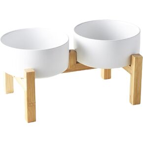 Raised Ceramic Dog Bowl Set - Elevated Dog Bowls with Non Slip Bamboo Stand, Food and Water Bowl Set for Small and Medium Breed Dogs, Pet Bowls, Weighted Dogs Dishes (6'', 2 * 30OZ, White)