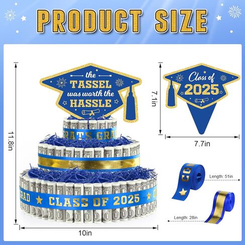 2025 Graduation Gifts for Class of 2025 Party Decorations,3 Tier Blue and Gold Grad Cap Cake Filled with Cash Money for College High School Graduation Funny Money Gifts Idea and Party Supplies in Saudi Arabia