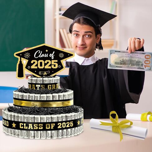 2025 هدايا التخرج لفئة 2025 زخارف الحفلات ، و 3 طبقات الأزرق والذهبي كعكة الغطاء المملوءة بالمال النقدي للتخرج من المدرسة الثانوية الهدايا مضحكة وفكرة الحفلات in Kuwait