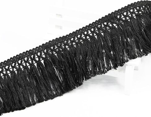 10 Yard 40mm/1.57 Inch Black Vintage Knotted Cotton Fringe Tassels Trim, Boho Long Fringe, Sewing Trim for Drapery Curtain Pillow Carpet Lamp Crafts (Black-40mm) in Saudi Arabia