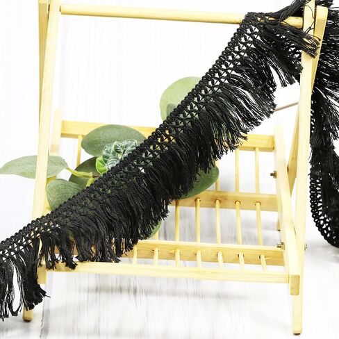 10 Yard 40mm/1.57 Inch Black Vintage Knotted Cotton Fringe Tassels Trim, Boho Long Fringe, Sewing Trim for Drapery Curtain Pillow Carpet Lamp Crafts (Black-40mm) in Saudi Arabia
