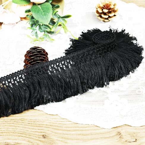 10 Yard 40mm/1.57 Inch Black Vintage Knotted Cotton Fringe Tassels Trim, Boho Long Fringe, Sewing Trim for Drapery Curtain Pillow Carpet Lamp Crafts (Black-40mm) in Saudi Arabia