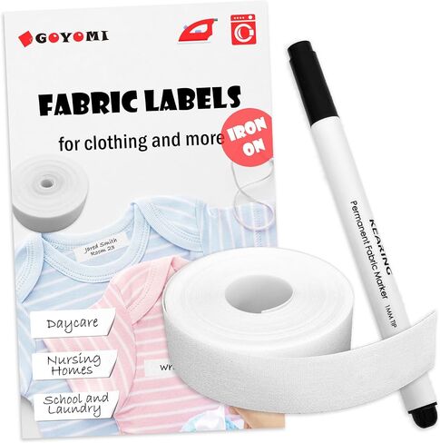 Writable Iron on Clothing Labels, 0.6 inch x 9.84 Ft., Fabric Labels Name Tags for Daycare, Nursing Home, Camp, School, Laundry, Organizing, Washer & Dryer Safe, with 1 Permanent Fabric Marker in Kuwait