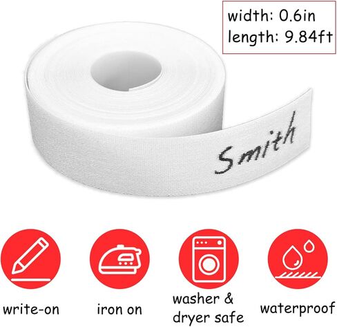 Writable Iron on Clothing Labels, 0.6 inch x 9.84 Ft., Fabric Labels Name Tags for Daycare, Nursing Home, Camp, School, Laundry, Organizing, Washer & Dryer Safe, with 1 Permanent Fabric Marker in Kuwait