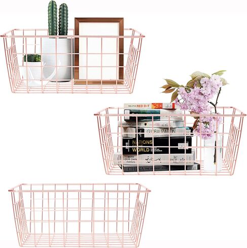 Metal Wire Storage Basket with Handles for Kitchen Food Pantry Papers Home Office Desk Basket Bathroom Laundry Room Basket Bedroom Bed Room, Rose Gold in Saudi Arabia