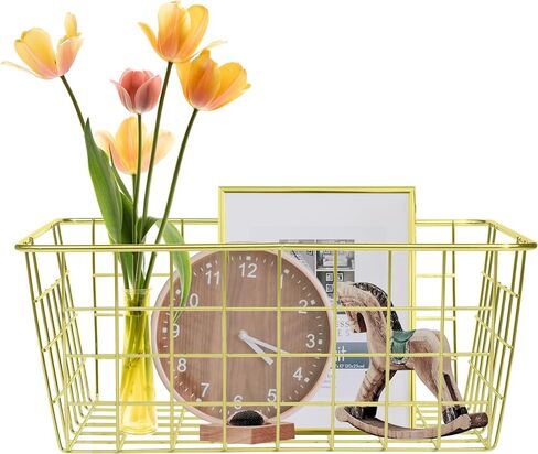 Metal Wire Storage Basket with Handles for Kitchen Food Pantry Papers Home Office Desk Basket Bathroom Laundry Room Basket Bedroom Bed Room, Rose Gold in Saudi Arabia