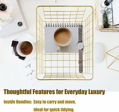 Metal Wire Storage Basket with Handles for Kitchen Food Pantry Papers Home Office Desk Basket Bathroom Laundry Room Basket Bedroom Bed Room, Rose Gold in Saudi Arabia
