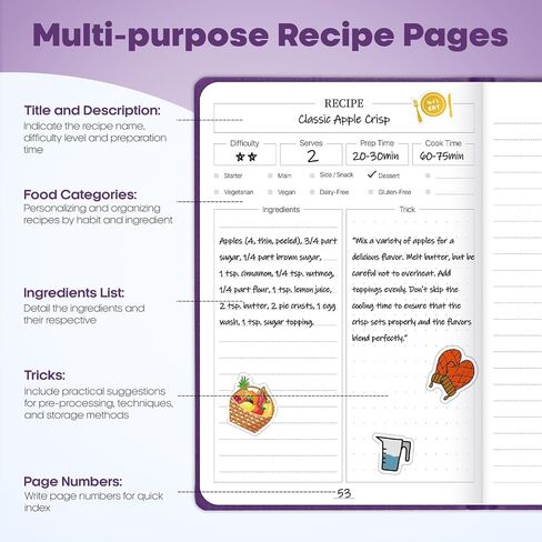 WEMATE Recipe Book to Write in Your Own Recipes, Hardcover Blank Recipe Books, 75 Recipes for Family to Organize Your Recipes, Cooking Gifts,6" x 8", Purple in Saudi Arabia