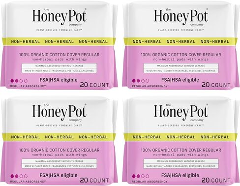 The Honey Pot Company - Non-Herbal Regular Flow Pads with Wings - Organic Pads for Women - Cotton Cover, & Ultra-Absorbent Pulp Core - Feminine Care - 20 ct in Kuwait