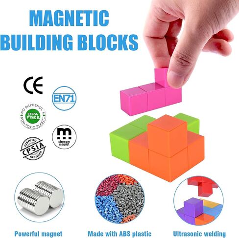 لبنات البناء المغناطيسية من Worwoder Kids Magnetic Magnetic Magnetic Magnetic ، مجموعة من 7 أشكال متعددة الكتل المغناطيسية مع 54 بطاقة دليل ، وتطوير الذكاء وتخفيف الإجهاد تململ للأطفال (الأزرق) in Kuwait