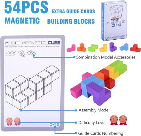 لبنات البناء المغناطيسية من Worwoder Kids Magnetic Magnetic Magnetic Magnetic ، مجموعة من 7 أشكال متعددة الكتل المغناطيسية مع 54 بطاقة دليل ، وتطوير الذكاء وتخفيف الإجهاد تململ للأطفال (الأزرق) in Kuwait
