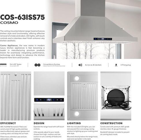 COSMO COS-63ISS75 Island Range Hood with 3-Speed Fan, 380 CFM, Permanent Filters, LED Lights, Soft Touch Controls, Ducted Kitchen Vent Hood Extractor, 30 inch, Stainless Steel in Saudi Arabia