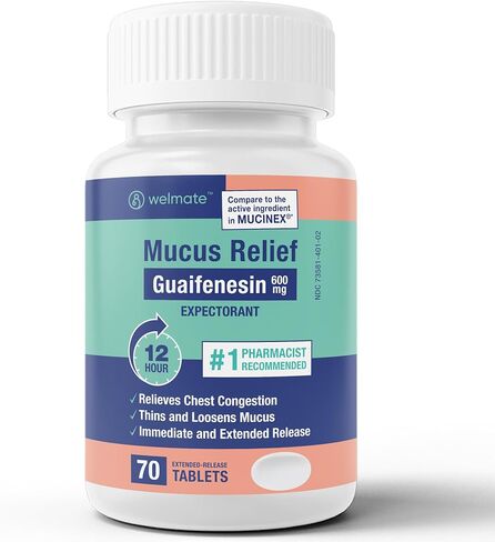 WELMATE | Mucus Relief | Guaifenesin 600mg | 12 Hr Support | Temporary Relief from Cough, Nasal & Chest Congestion, Infections, Colds, & Allergies | Expectorant | Extended-Release Tablets | 200 Ct in Kuwait