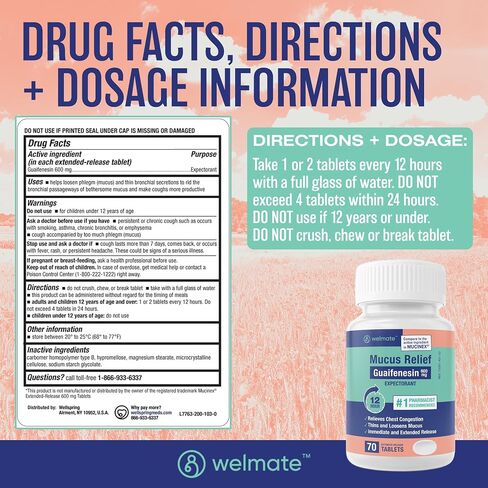 WELMATE | Mucus Relief | Guaifenesin 600mg | 12 Hr Support | Temporary Relief from Cough, Nasal & Chest Congestion, Infections, Colds, & Allergies | Expectorant | Extended-Release Tablets | 200 Ct in Kuwait