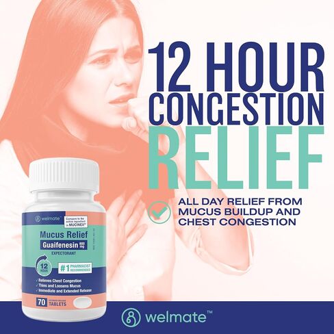 WELMATE | Mucus Relief | Guaifenesin 600mg | 12 Hr Support | Temporary Relief from Cough, Nasal & Chest Congestion, Infections, Colds, & Allergies | Expectorant | Extended-Release Tablets | 200 Ct in Kuwait