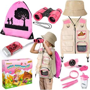 Kids Explorer Kit & Bug Casher Kit ، معدات التخييم للأطفال ، مجموعة استكشاف في الهواء الطلق مع سترة وقبعة ، حقيبة ظهر ، ألعاب مغامرة في الهواء الطلق المثالية للبنين الفتيات 3-12
