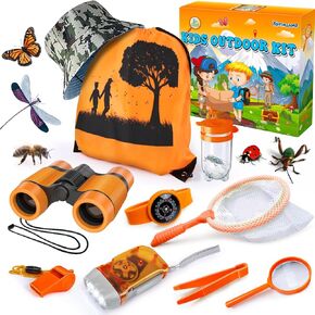 Kids Explorer Kit & Bug Casher Kit ، معدات التخييم للأطفال ، مجموعة استكشاف في الهواء الطلق مع حقيبة ظهر وقبعة ، مناظير ، ألعاب مغامرة التخييم في الهواء الطلق المثالية للفتيات الفتيات 3-12