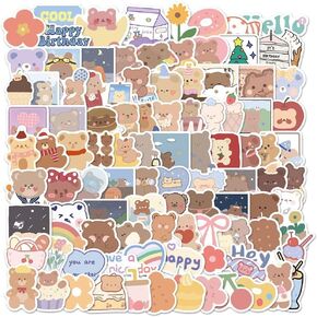 100pcs Cute Small Stickers Set - Kawaii, Cardstock Decorative Masking Stickers for Planner - Happy Bear