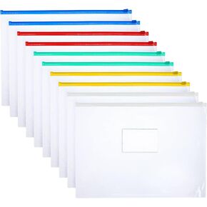 Sibba 10 Pack Zipper Plastic Clashers File Flogers Documents حجم الحرف مقاس بولي مظاريف A4 أغطية ملفات الإيداع لأغطيات لوازم تخزين سفر Office حقيبة الفاتورة قلم رصاص (متعدد الألوان)