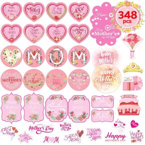 ملصقات يوم الأمهات Funnlot Mothers Day ملصقات عيد أمهات سعيدة 348pcs ملصق أمهات يوم الأطفال لأمهات الأمهات لعطلة ديكورات بطاقة الظرف مربعات الحفل