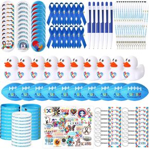 LINCIA 380 PCS Autism Awarence stuff ، 30 DIRBON PINS 30 BADGE BORACHES 10 Rubber Ducks 10 CROPBER BALLS 10 PENS 200 Stickers 30 Wristbands 30 Lanyard