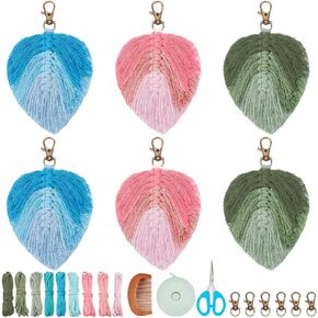 Pligreat 6 مجموعات DIY أوراق Macrame Keychain Kit ، مجموعة مفاتيح مفتاح ريشة يدوية ملونة للمبتدئين زخرفة Macrame Knotting محفظة محفظة السيارة مع التعليمات