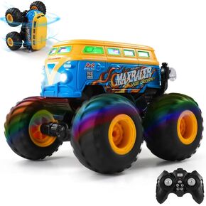 سيارة التحكم عن بُعد ، 2.4 جيجا هرتز جميع ألعاب الشاحنة Monster Truck Tharain RC مع الرش والموسيقى و 3 آثار الإضاءة ، 360 حيلة قادرة ، جميعها على استعداد للتشغيل ، هدايا الألعاب للأولاد والفتاة (الأصفر)