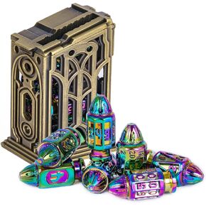 udixi metal dnd bullet dice مجموعة مع حاوية مجلة ، 7-die polyhedral dice style cyberpunk style for warhammer 40k ، d & d ، sci-fi ، war أو غيرها من ألعاب tabletop （البرونزية）