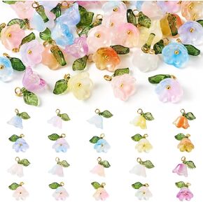 Beadthoven 40pcs الزجاج الزجاجي من معلقات وادي ويل بيل زهرة - 10 ألوان ، سحر صغير متدفق مع أوراق خضراء لصنع المجوهر