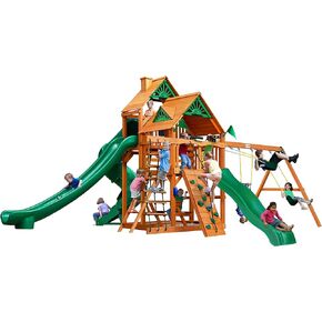 Gorilla Playsets 01-0031-AP Great Skye II Wood Swing مع سقف خشبي ، 3 شرائح ، وجدار صخري ، بني