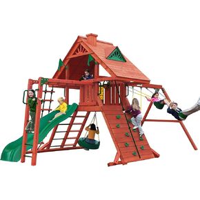 Gorilla Playsets 01-0012 Sun Palace I Wood Wood Swing مجموعة مع أرجوحة الإطارات والجدار الصخري والسقف الخشبي والخشب الأحمر