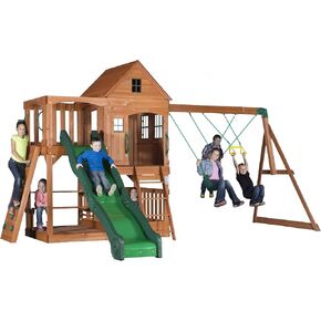 اكتشاف الفناء الخلفي Hillcrest Cedar Wood Swing مع شريحة موجة ، نادي ، صندوق رمل ، طاولة نزهة ، جدار صخري ، تقلبات الحزام ، أرجوحة ، سطح السفينة السفلي ، سلم خطوة ، شرفة ، ألعاب في الهواء الطلق