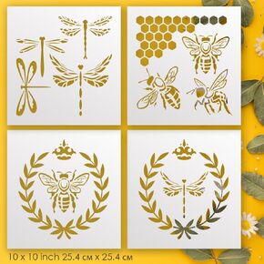 مجموعة استنسل النحل والتنيل - 4 قوالب طبيعية 10 × 10 بوصة مع أكاليل الغار ، وتصميمات قرص العسل والتاج - استنسل DIY لديكور المزرعة والحرفية والأثاث