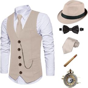 1920s Mens Costume Fedora Hat,Gatsby Gangster Vest,Vintage Pocket Watch,Pre Tied Bow Tie,Tie