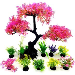 Artificial Aquarium Plants, Fish Tank Decorations, 10 Pcs Cherry Blossom Aquarium Fish Tank Simulation Aquatic Grass Plastic Grass Pine Tree Combination(Pink)