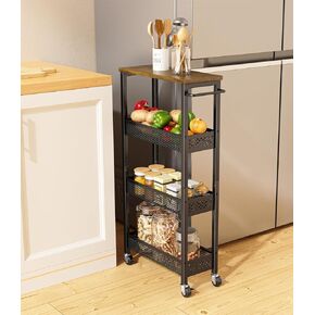 Giwil Slim Storage Cart 5 Tier Narrow Kitchen Rolling Cart on Wheels for Small Space, Metal Utility Cart Narrow Bathroom Storage Cabinet Mobile Shelf Unit Organizer with Wood Top and Handle, Black in Saudi Arabia