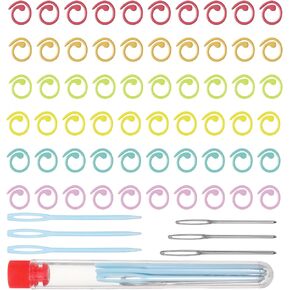 Xthrotsenk 60 Pcs Crochet Stitch Markers 6 Color Metal Stitch Markers Helical-Shaped Crochet Ring Colorful Accessories, 9 Pcs Large Eye Sewing Needles for Knitting Locking Clips Pins