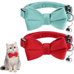 2 Pcs Cat Collars with Bow Tie & Bell Cat Bow Tie Collar Adjustable Breakaway Pet Collars Velvet Cat Bow Collar for Kitten Puppy Pet (Red Green)