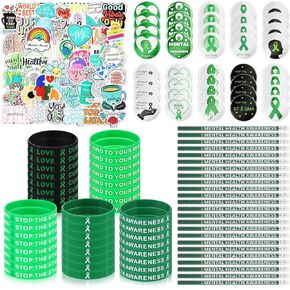 150 PCS مجموعة التوعية بالصحة العقلية تشمل ملصقات ، معصم المطاط ، شارات خضراء ، أقلام الرصاص للبالغين المراهقين هدايا التوعية بالصحة العقلية.