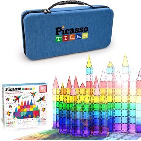 Picassotiles 60pc البلاط المغناطيسي + حزمة Carry Case: Steam Educational Playset for Kids تشمل منظم تخزين السفر - لعبة بناء متعة ، تصميم هندسي ، تنمية حسية