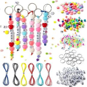 572 Pcs DIY Bead Keychain Kit, Bead Keychain Set with Plastic Beads, Heart Shaped Beads, Colorful Wax Cords, Includes 572 PCS Accessories, Creative for Craft Enthusiasts