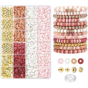 RASSLISA 3000 PCS CLAY HEADS for Bracelet Make Kit Contral Colors Polymer Clay Beads for Jewelry Making Friendsile Sket Set DIY (Mocha White Gold)