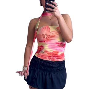 Women Leopard Tube Top Mesh Ruched Strapless Crop Top Sexy Cheetah Print Backless Bandeau Tank Top with Scarf